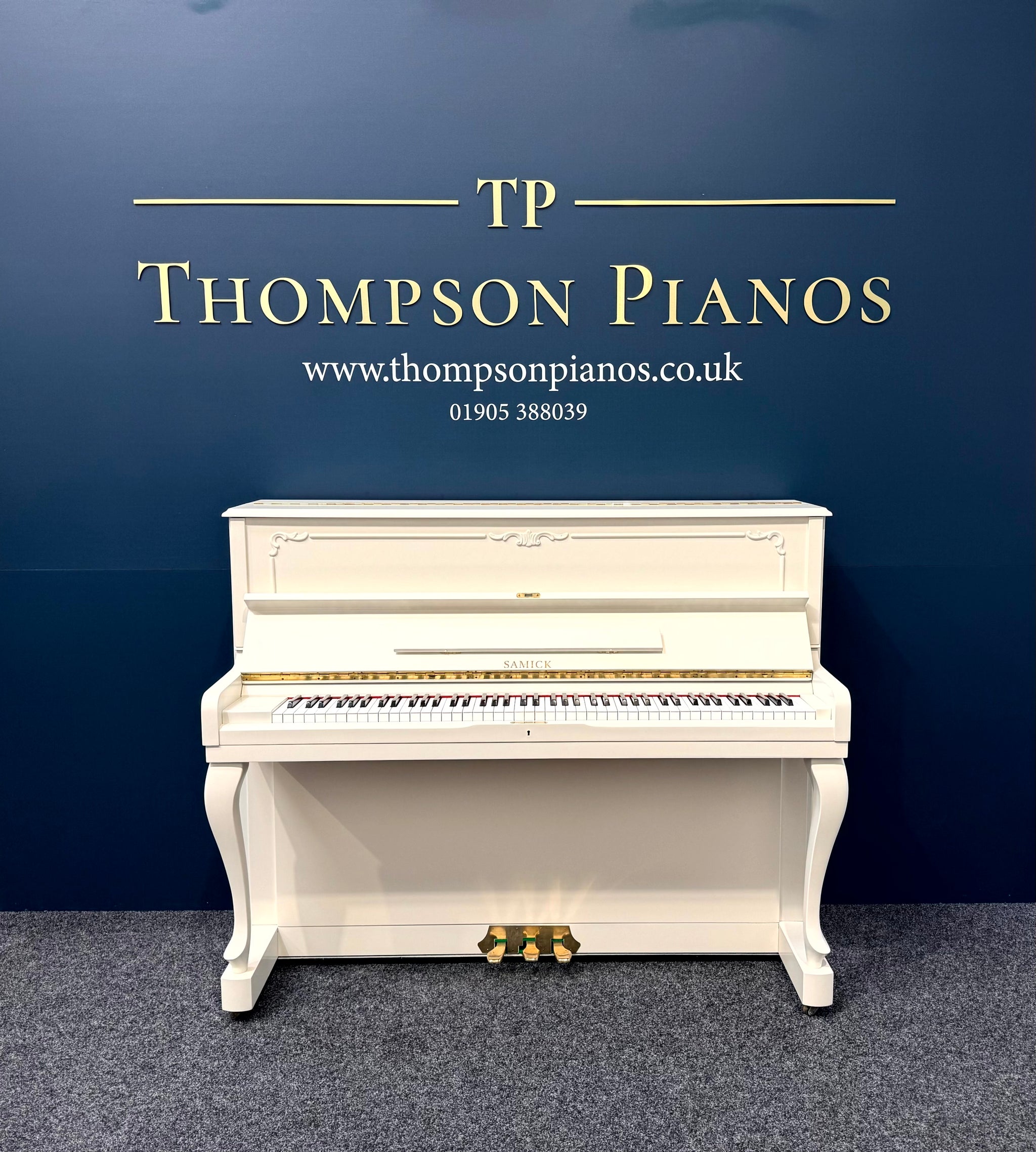 Samick Upright Piano, Farrow & Ball School House White (Pre Owned) | Thompson Pianos